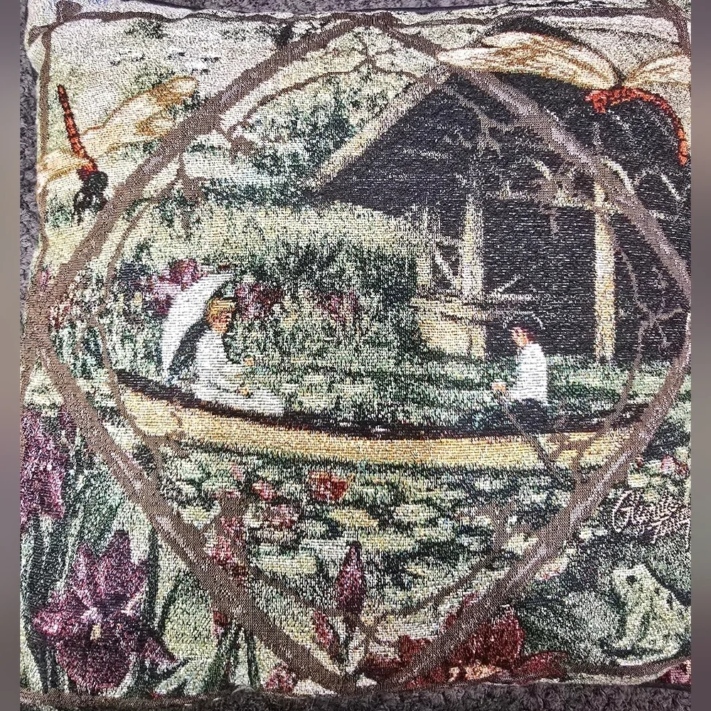 Glynda Turley Signed Tapestry Boat Couple Dragon Flys Flowers Frog Pillow 16x16 - Picture 4 of 4